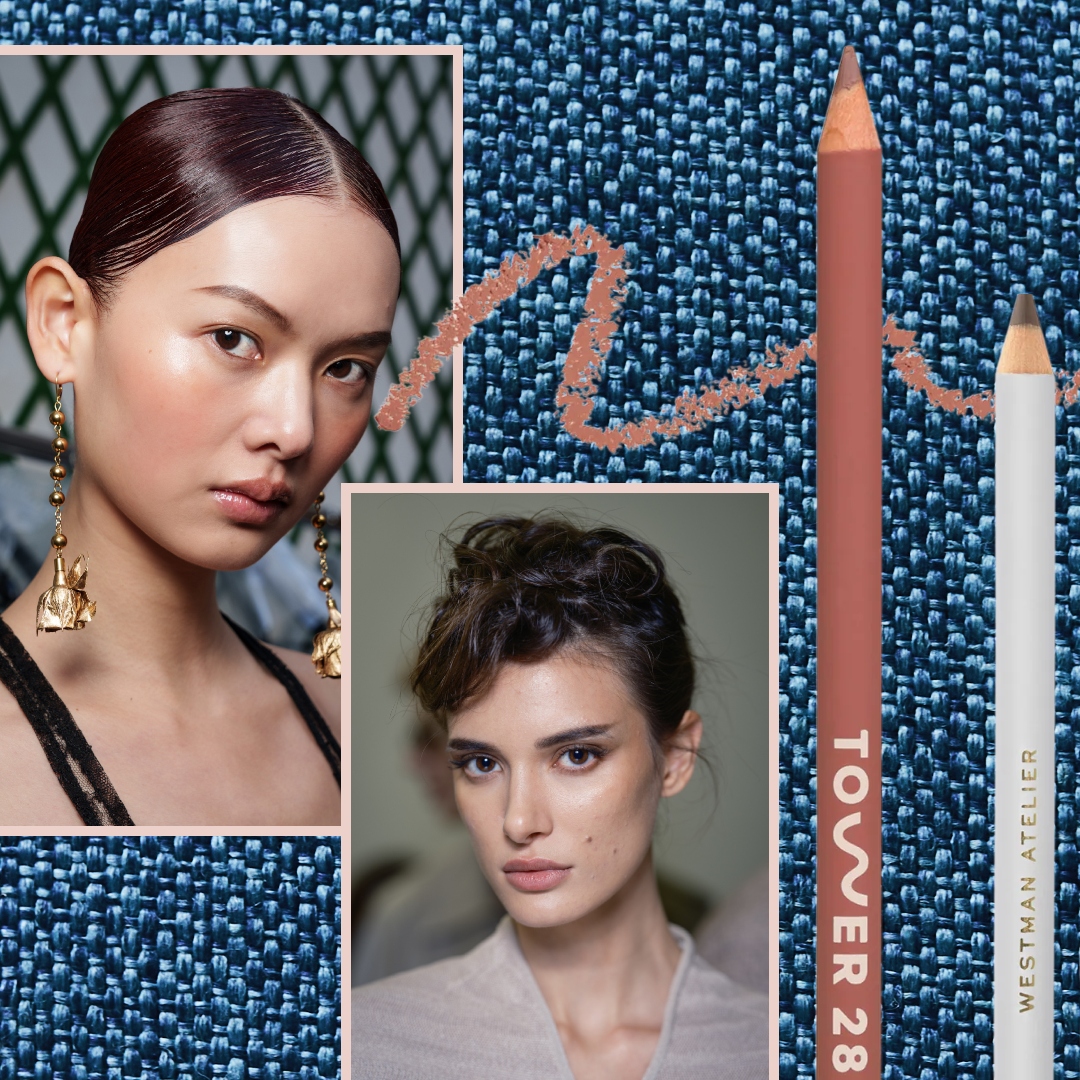 two models wearing eyeliner on a denim background next to eyeliners