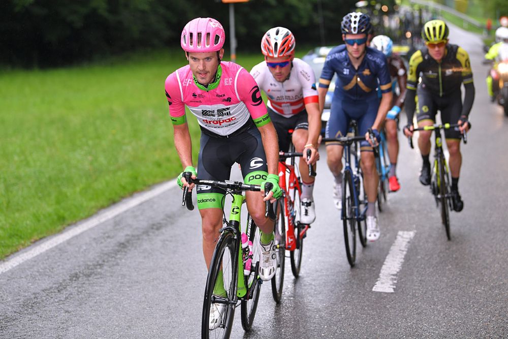 Silvan Dillier and Nans Peters (AG2R), Nathan Brown (EF-Drapac), Christopher Juul-Jensen (Mitchelton-Scott), Mark Christian (Aqua Blue Sport), Paul Ourselin (Direct Energie) formed the day's breakaway at the Tour de Suisse