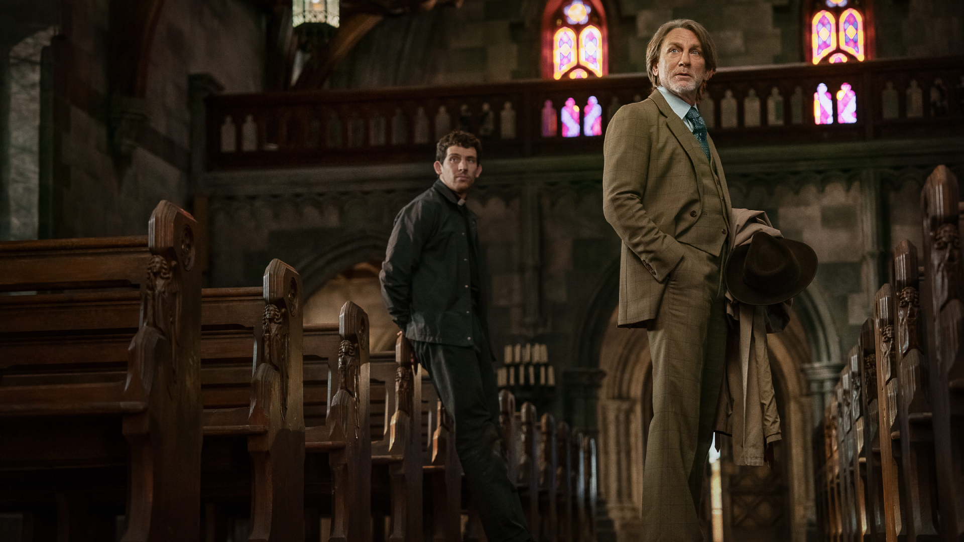 Josh O'Connor and Daniel Craig in Wake Up Dead Man: A Knives Out Mystery
