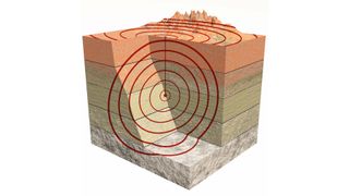 3D rendering showing a cross section of an earthquake and its epicenter.