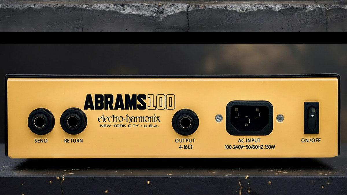 The Electro-Harmonix ABRAMS100 is a compact, guitar amp head with 100-watts, 3-band EQ, effects loop and bright switch, and it has a yellow control panel and black dials.