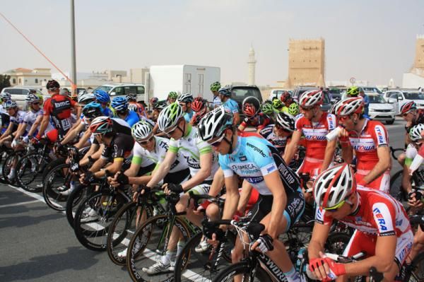 The riders gather at the start of stage one in Qatar