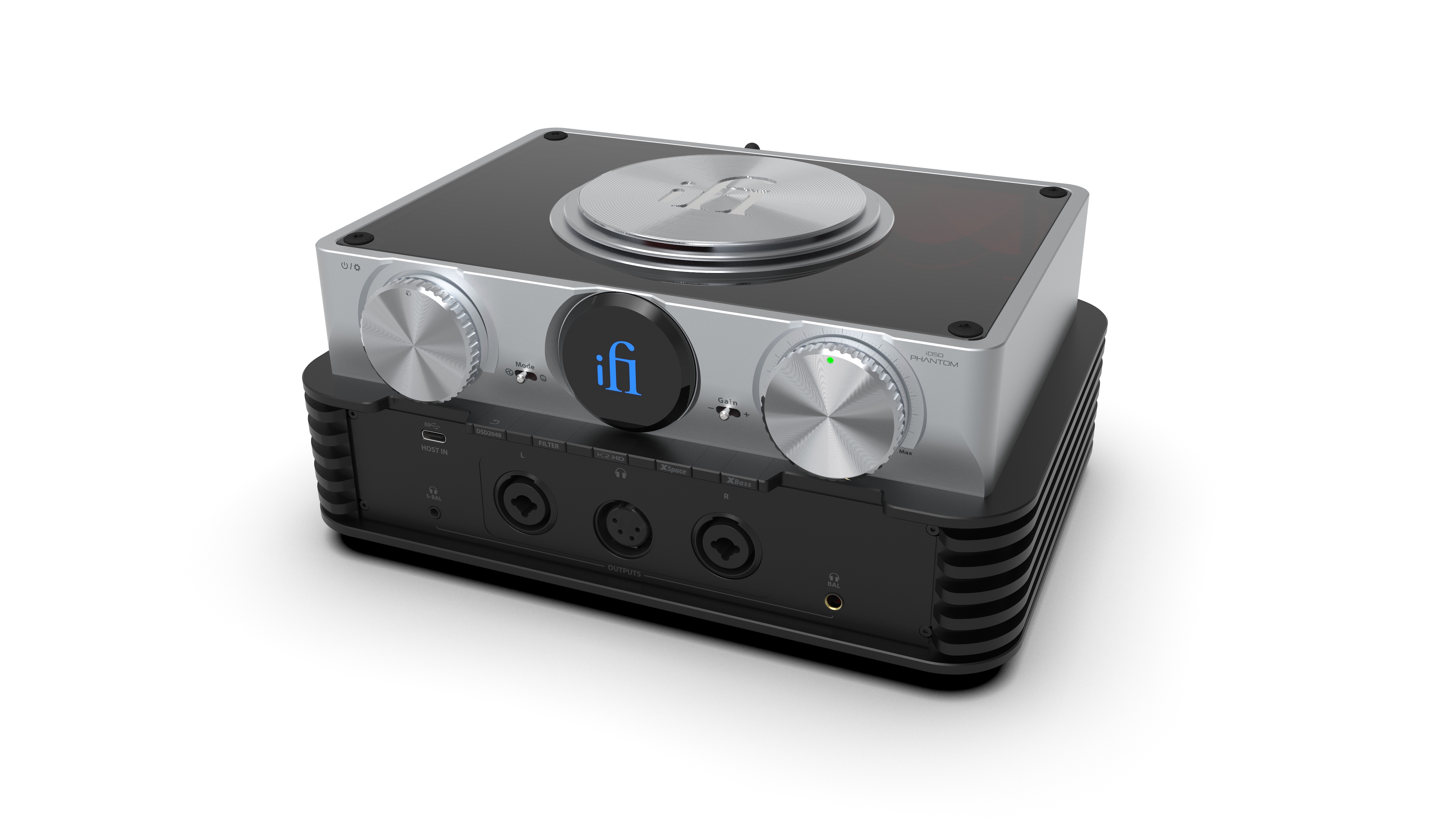 The iFi iDSD Phantom on a white surface at a 3/4 angle.