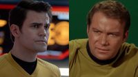Paul Wesley's Captain Kirk, pictured alongside William Shatner's Captain Kirk. 