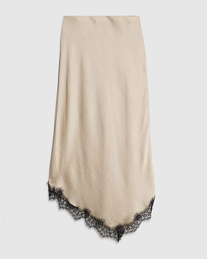 Beige Lace Trim Satin Midi Skirt