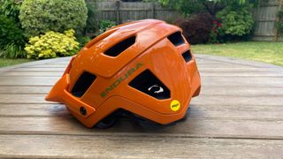 The side view of a mountain bike helmet
