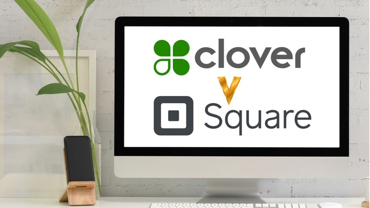 Square POS logo and Clover POS logo on computer screen