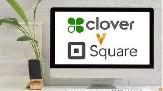 Square POS logo and Clover POS logo on computer screen