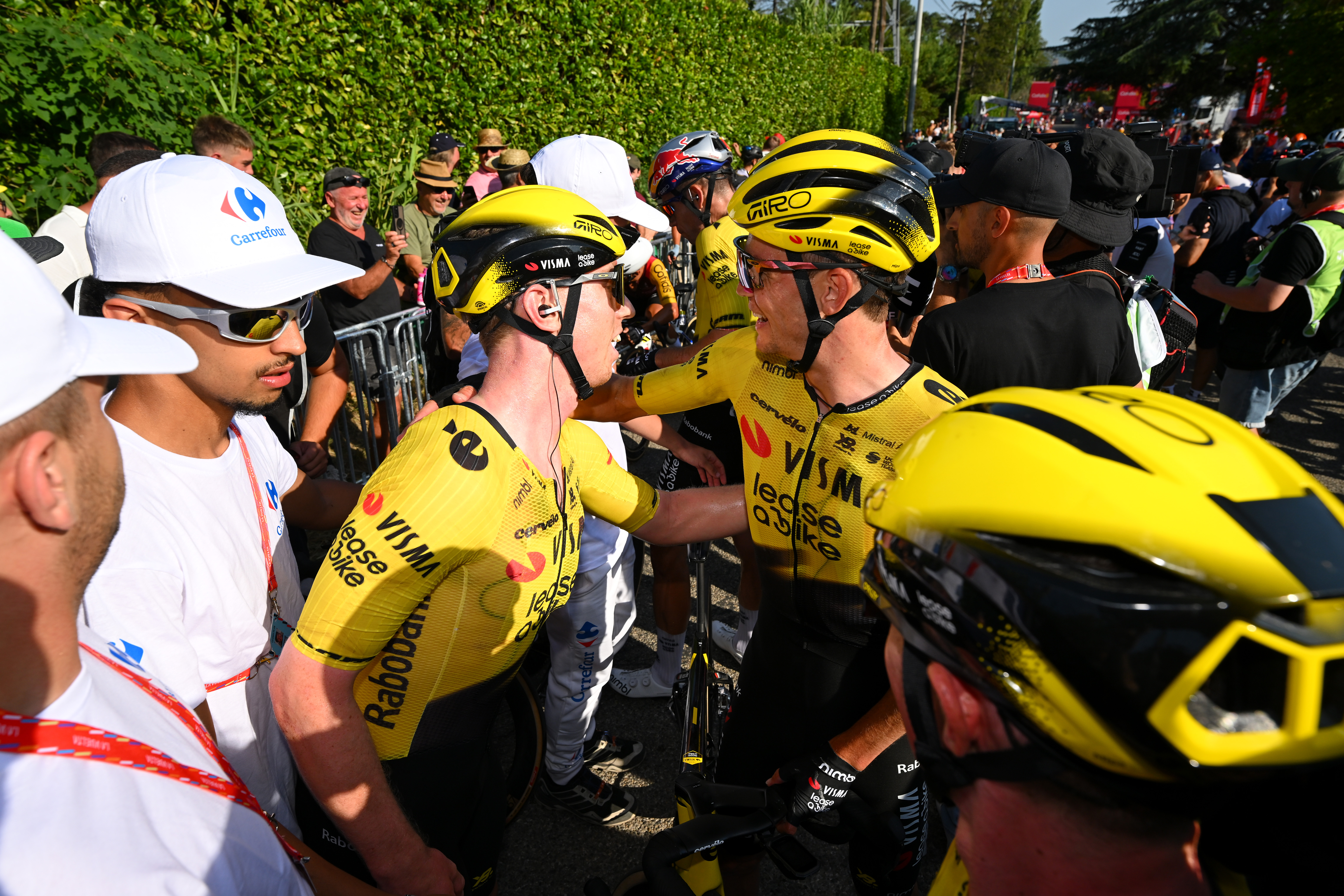 Stage winner Matthew Brennan of Great Britain celebrates the victory of with his team-mate Sepp Kuss of United States and Team Visma | Lease a Bike after the La Vuelta - 81st Tour of Spain 2026