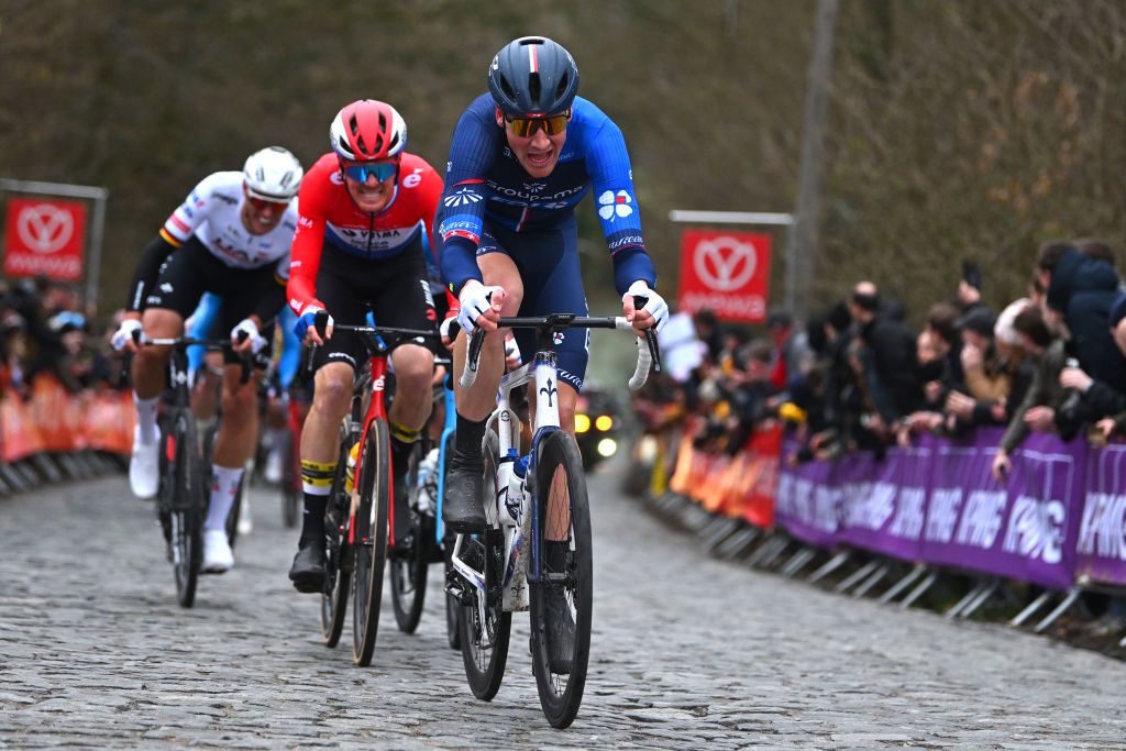 NINOVE BELGIUM FEBRUARY 24 Stefan Kung of Switzerland and Team GroupamaFDJ competes in the chase group during the 79th Omloop Het Nieuwsblad 2024 Mens Elite a 2022km one day race from Ghent to Ninove UCIWT on February 24 2024 in Ninove Belgium Photo by Luc ClaessenGetty Images