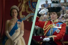 Claire Foy as Queen Elizabeth in The Crown and Olivia Colman as Queen Elizabeth in The Crown on Netflix