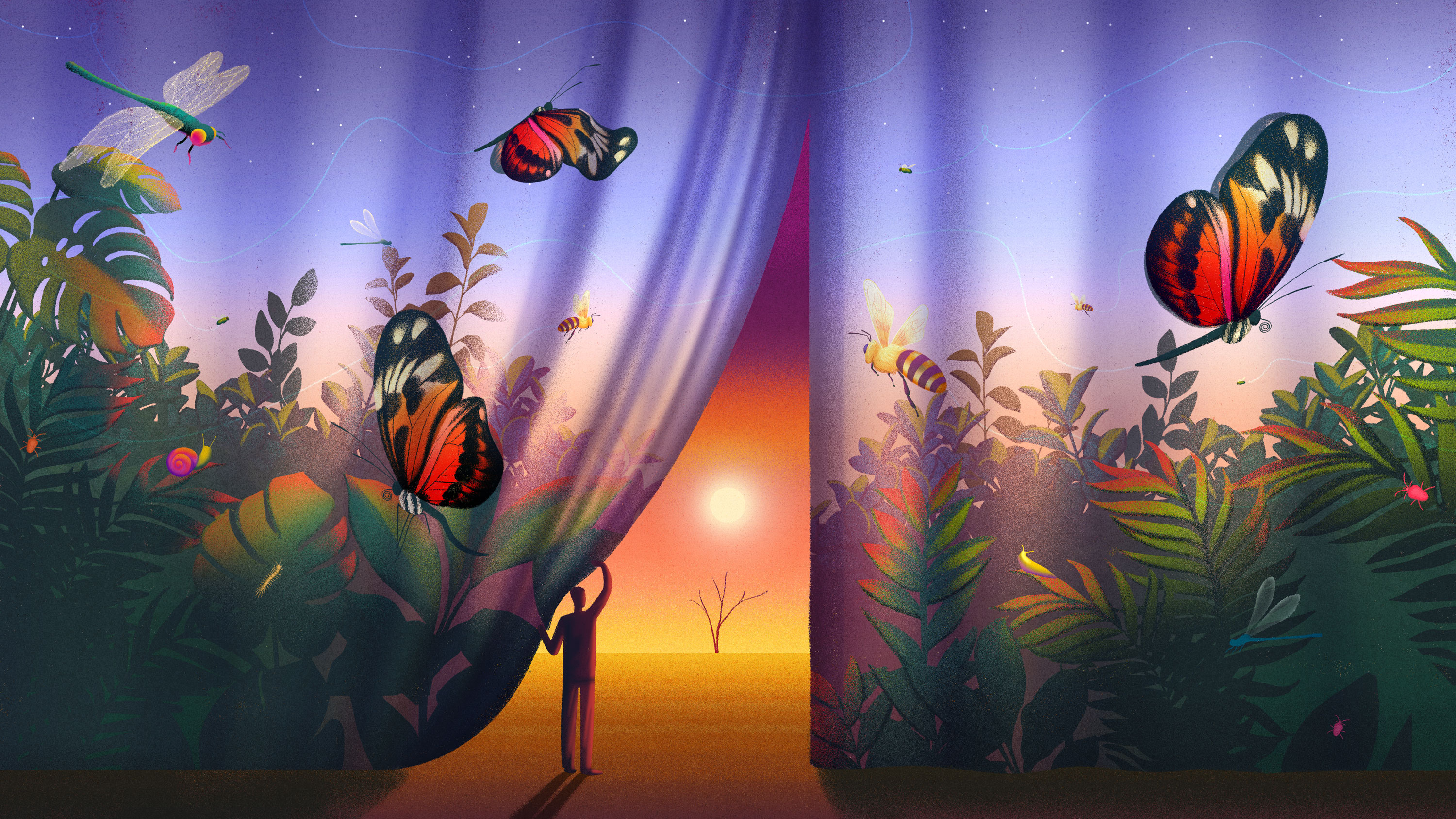 An illustration of a person pulling back a curtain full of colorful insects to reveal a deserted landscape