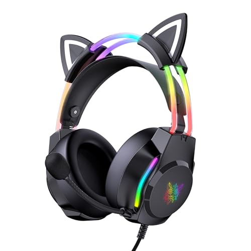 Onitoon Gaming Headset With Microphone, Cat Ear Headphones for Pc Laptop Ps4 Ps5 Xbox Switch, Rainbow Rgb Lighting &amp;amp; Virtual Surround Sound, 3.5mm Wired Over Ear Headphones, Ergonomic