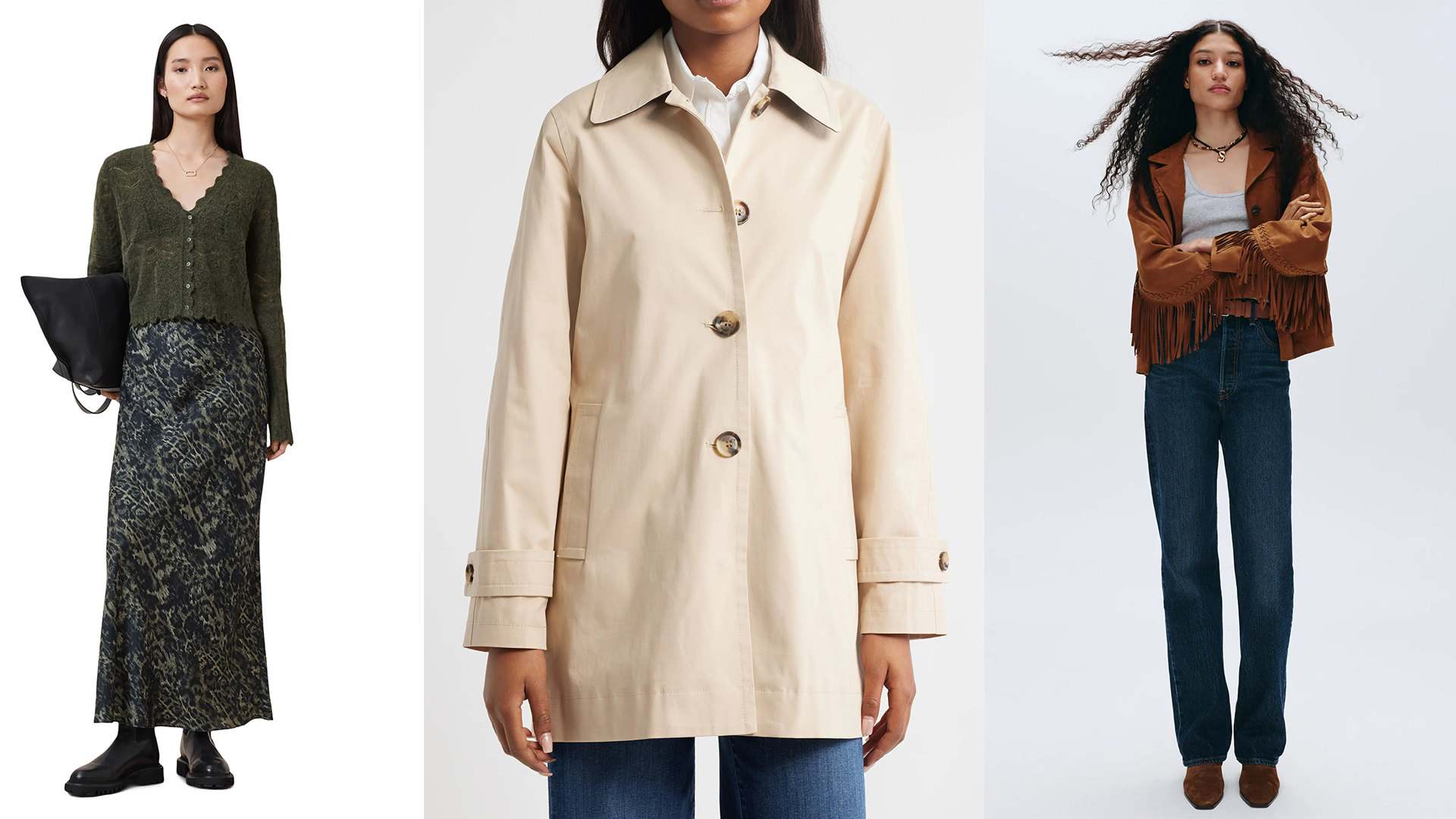 models wear clothing from allsaints, sam edelman, and levi's