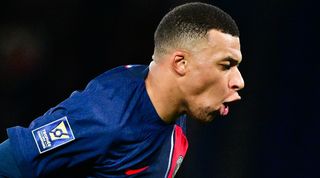 Kylian Mbappe celebrates after scoring for Paris Saint-Germain in the Champions Trophy against Toulouse in January 2024.