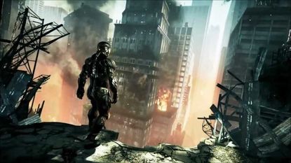 The player looks through a broken, exposed wall down into the ruined streets of Manhattan