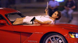 Angelina Jolie takes part in a stunt on location for film Wanted on August 15, 2007 in Chicago.