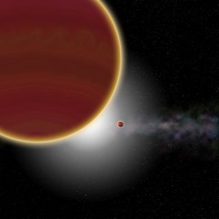 An artist's depiction of the newly discovered planet Beta Pictoris c, top left, as seen with its solar system neighbor Beta Pictoris b and backlit by the star itself.