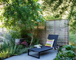 Slatted garden fence with a black sunlounger, trees and long grasses.