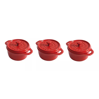 Set of bright red mini cocottes from Staub
