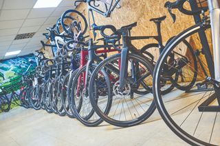 Image of bikes lined up in a shop