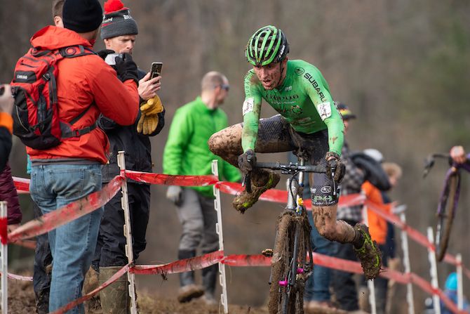 Gage Hecht remounts during the US cyclo-cross national championships