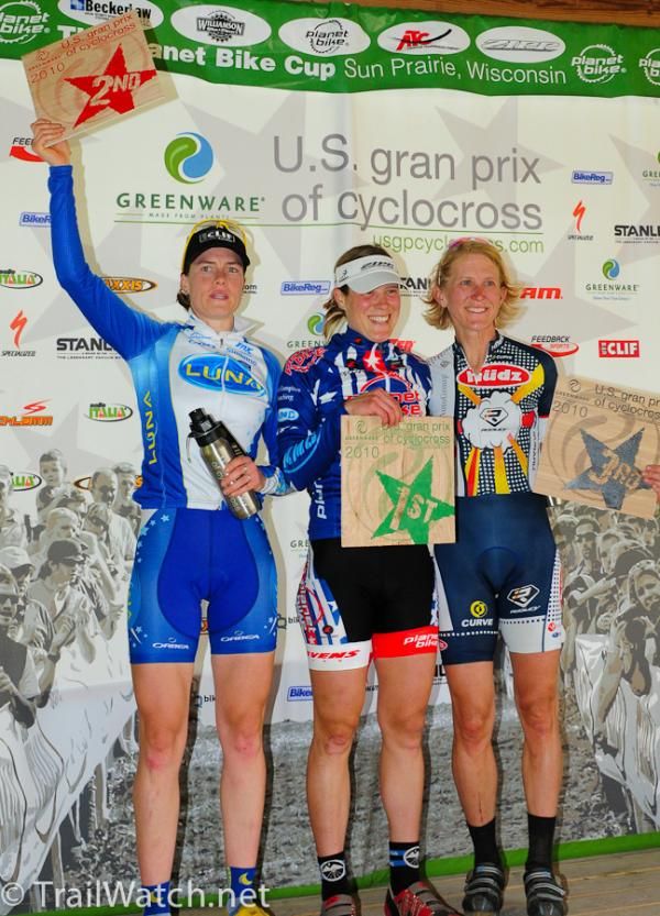 Elite Women's podium (L to R) Georgia Gould (Luna Pro Team) 2nd, Katie Compton (Planet Bike) 1st, Sue Butler (Hudz-Subaru) 3rd