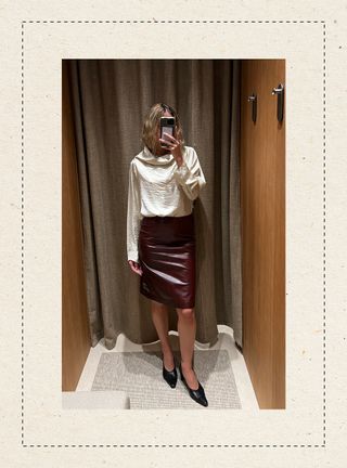 Eliza Huber in the dressing room at Massimo Dutti's new Miami store wearing a cream blouse with a burgundy pencil skirt.