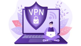 Illustration of a person using a laptop and sitting on a larger laptop running a VPN