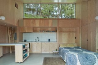 wood-lined contemporary cabin interior with fold-down bed