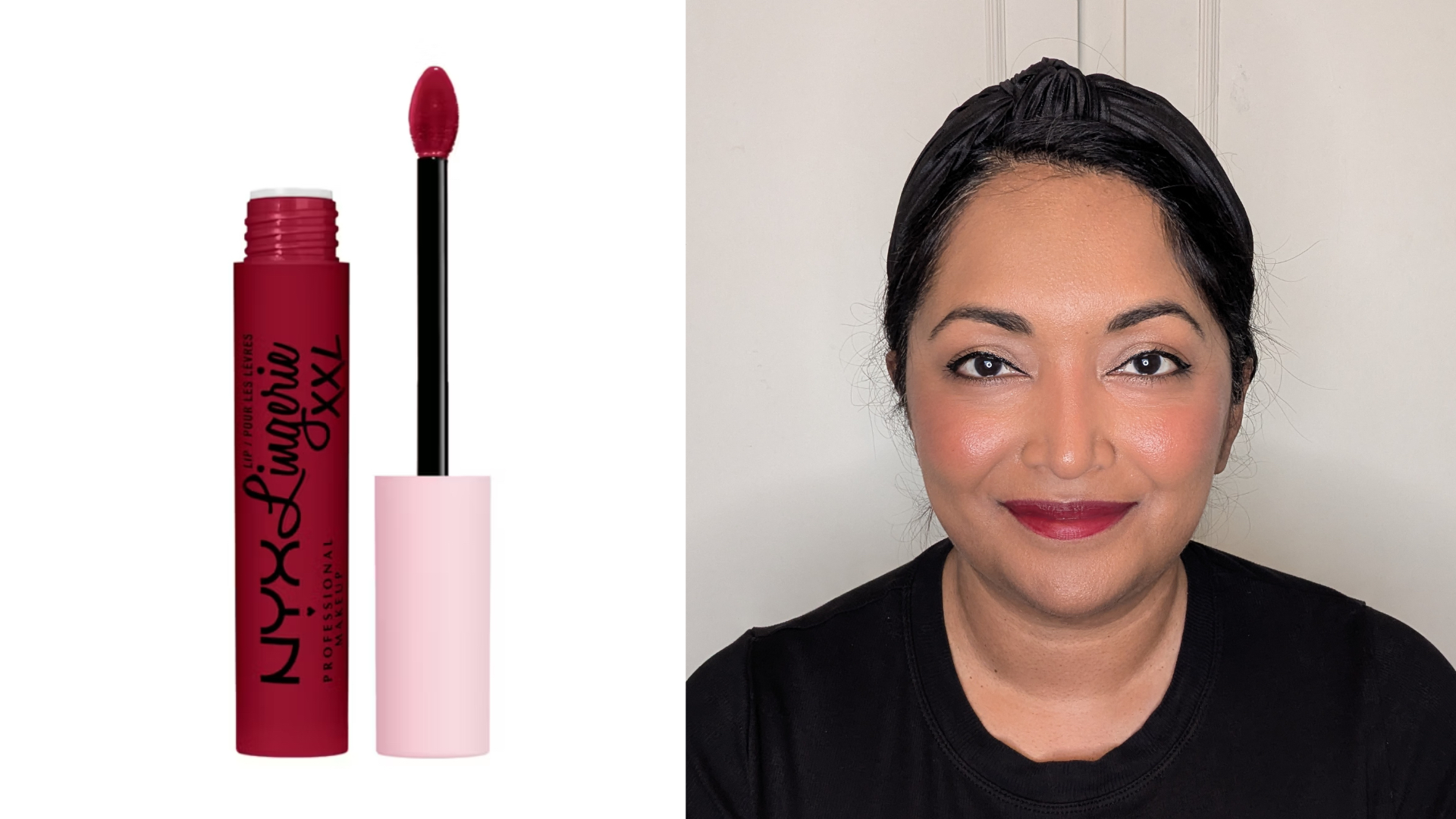 Beauty editor Ayesha wearing Nyx Professional Makeup Lip Lingerie XXL in Sizzlin