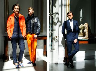Two images of male models wearing formal and casual clothing by Ralph Lauren.