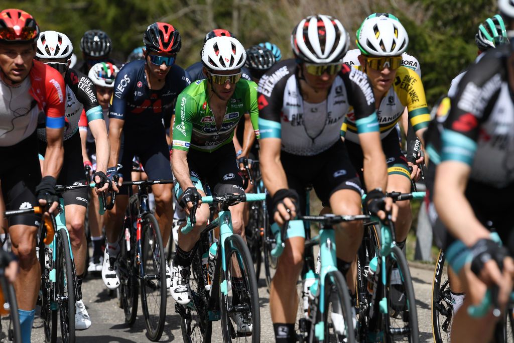 PIEVEDIBONO ITALY APRIL 22 Simon Yates of United Kingdom and Team BikeExchange green leader jersey during the 44th Tour of the Alps 2021 Stage 4 a 1686 to stage from Naturns to Valle del Chiese Pieve di Bono TourofTheAlps TouroftheAlps on April 22 2021 in Pieve di Bono Italy Photo by Tim de WaeleGetty Images