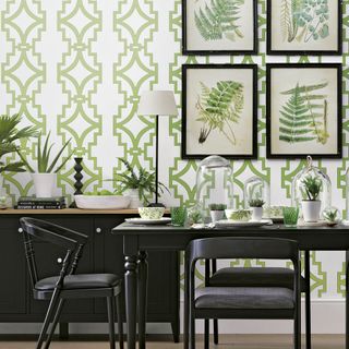dining room with green wallpaper