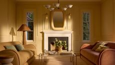 Cheerful yellow living room featuring ochre and terracotta velvet-upholstered sofas, a sculptural sofa, and woven floor lamp