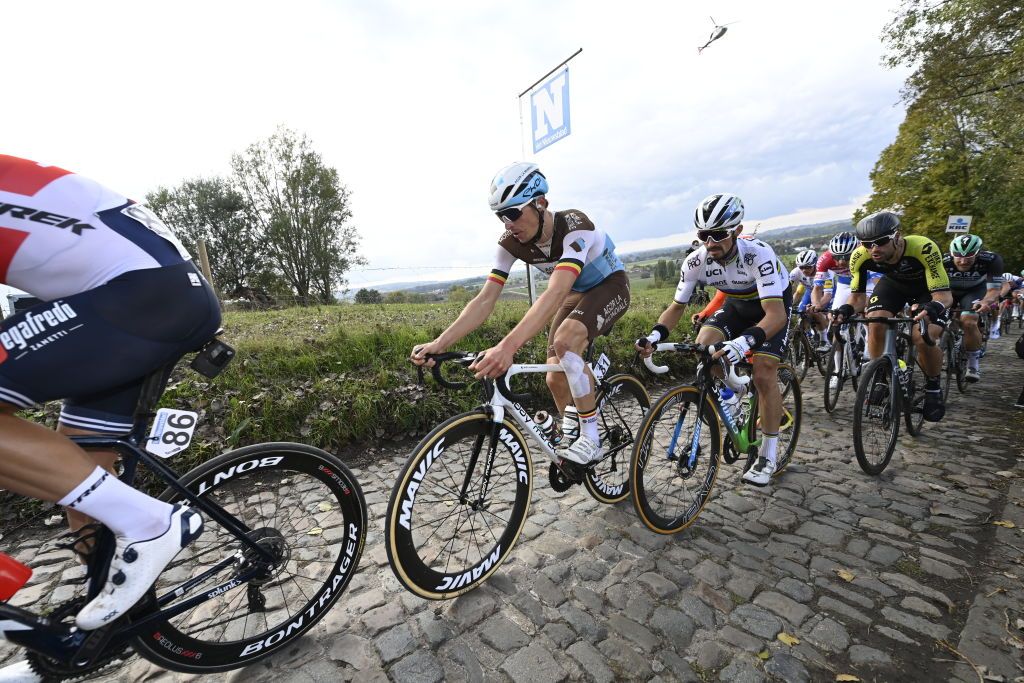 Belgian Oliver Naesen of AG2R La Mondiale and French Julian Alaphilippe of Deceuninck QuickStep ride the Ronde van Vlaanderen Tour des Flandres Tour of Flanders one day cycling race 241 km from Antwerp to Oudenaarde Sunday 18 October 2020 BELGA PHOTO DIRK WAEM Photo by DIRK WAEMBELGA MAGAFP via Getty Images