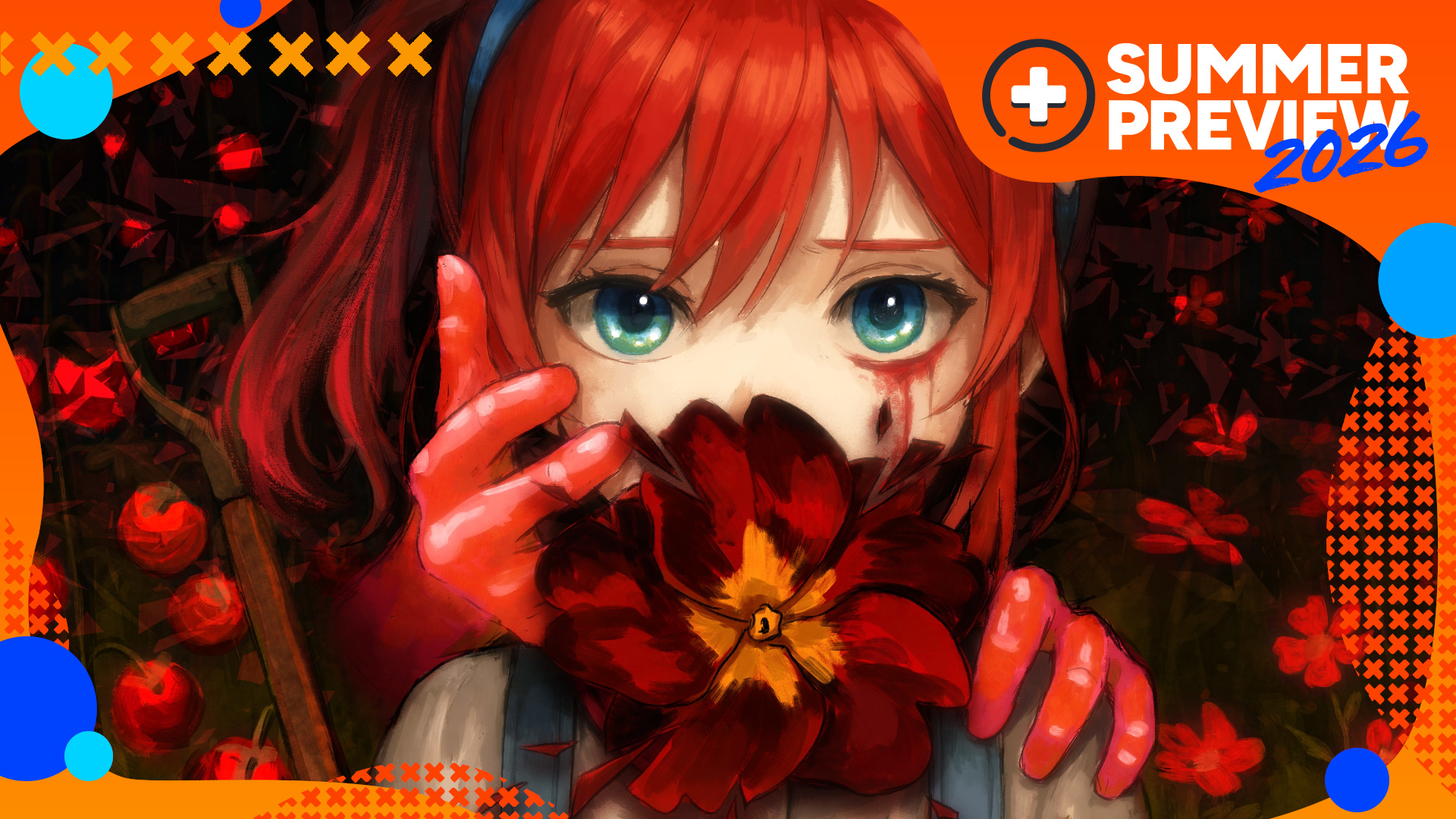 Key art for Fractured Blooms showing a woman with red hair in a field of darker red flowers, being held from behind by red gloves, with the orange GamesRadar+ Summer Preview 2026 frame