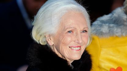 Headshot of Mary Berry in a black fur coat