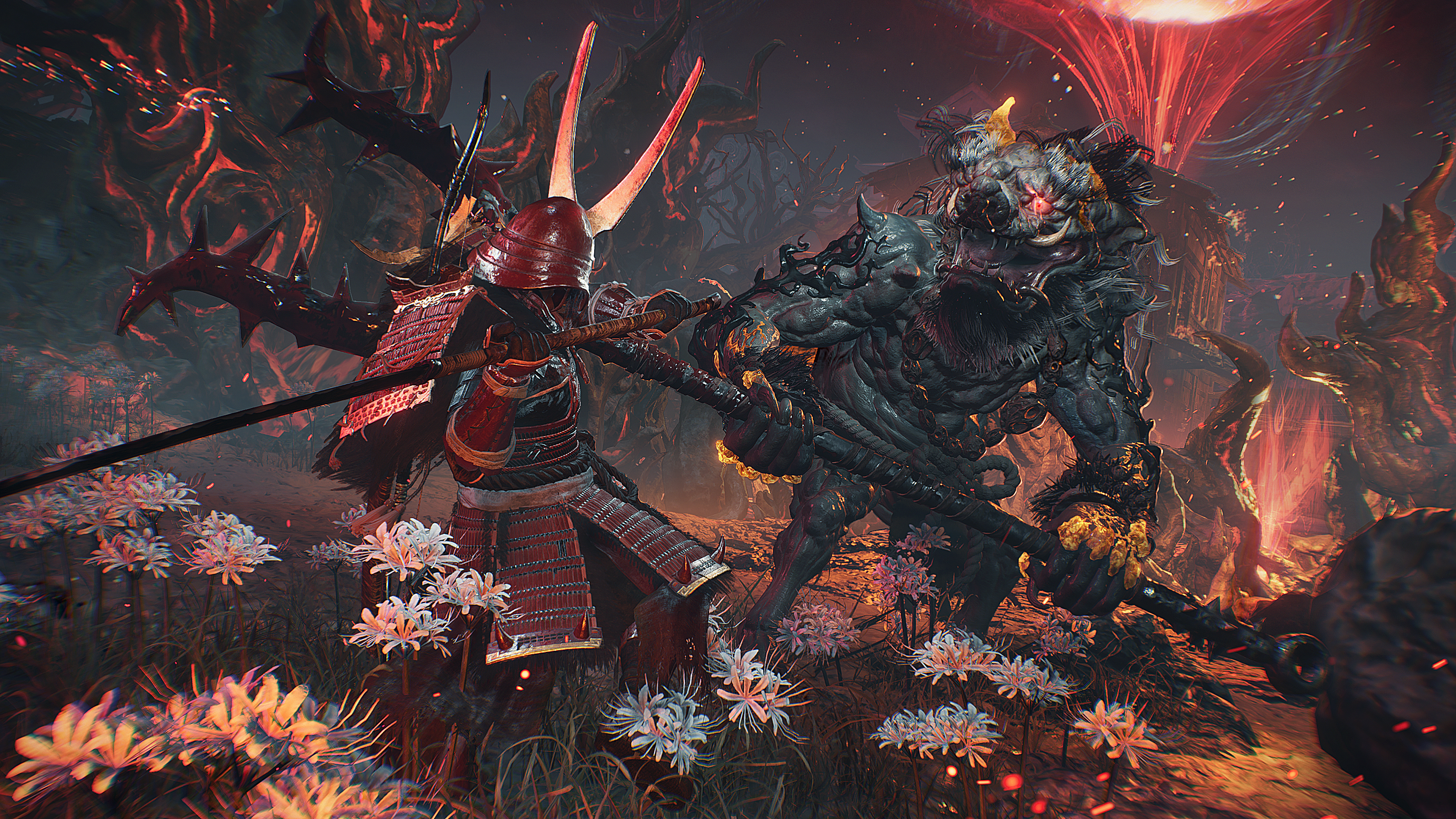 The player clashes with a giant yokai in Nioh 3 while clad in striking red samurai armor