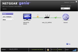 Figure 11- Screenshot of the Netgear Genie software. Note the graphical representation of the network map, with data presented, including the signal strength, the channel connected on, and an estimate of the throughput.