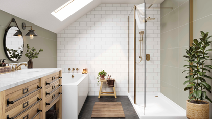 Bathroom with avacado walls, white bath and skink and white tiles