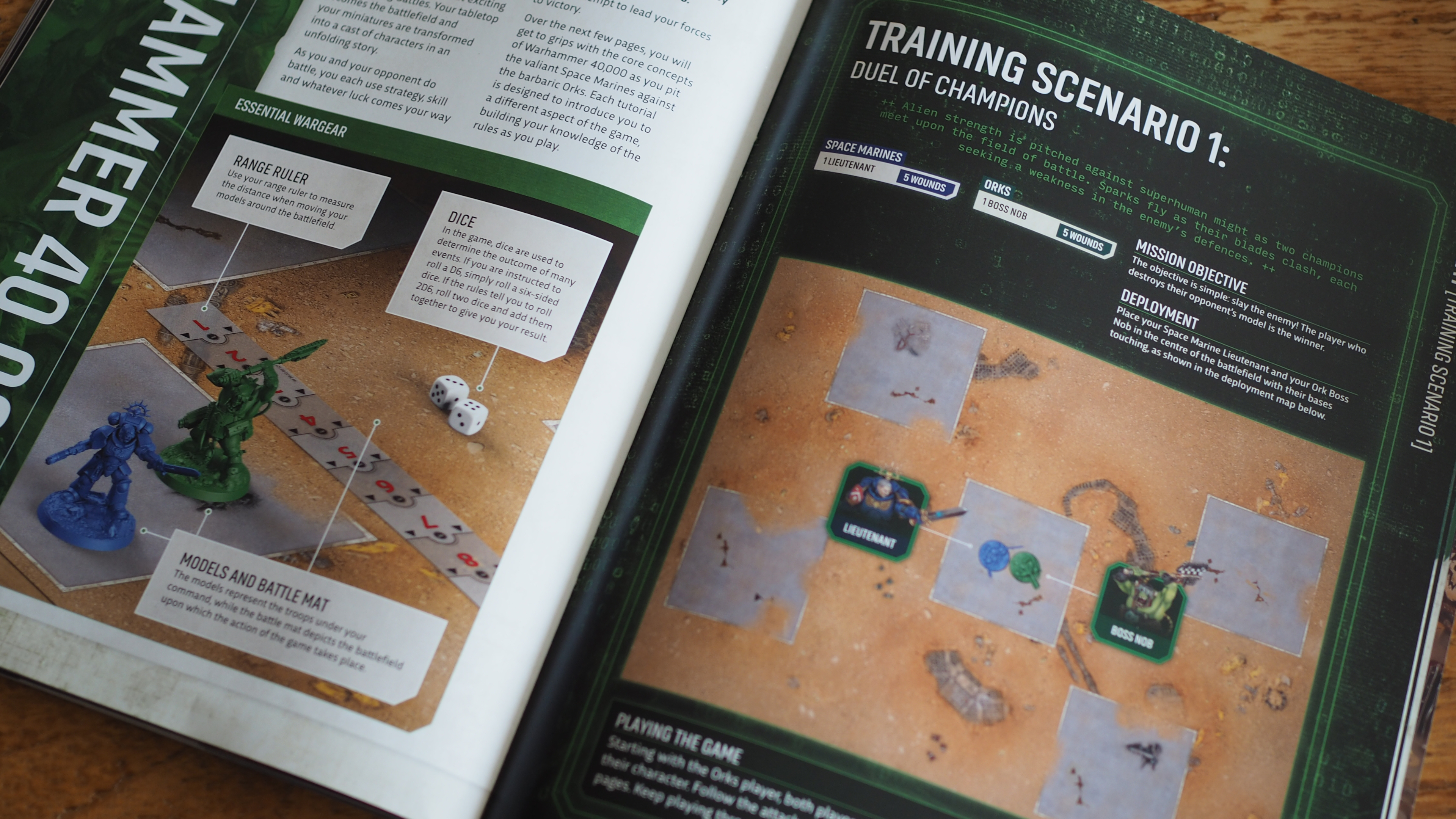 Warhammer 40,000 Introductory Set rulebook open on Training Scenario 1