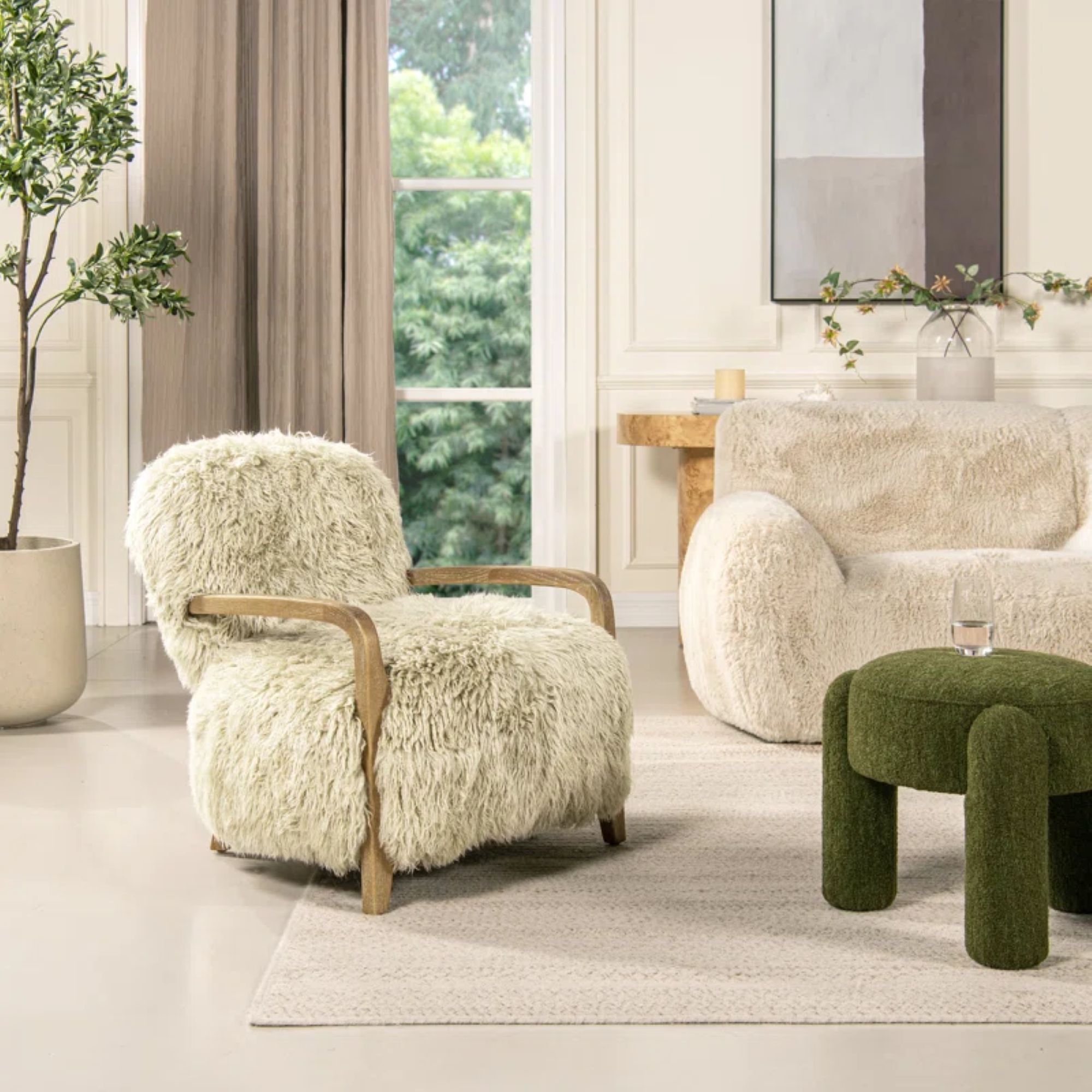 a fuzzy accent chair with a wooden frame