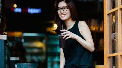 Glasses, Shoulder, Hand, Elbow, Street fashion, Flash photography, Portrait photography, Brown hair, Layered hair, Photo shoot, 