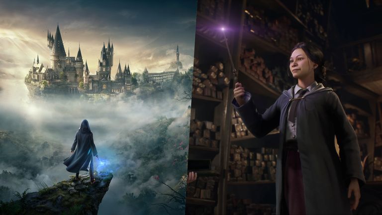 A wizard on a hill looks at Hogwarts and a student gets a wand in Hogwarts Legacy