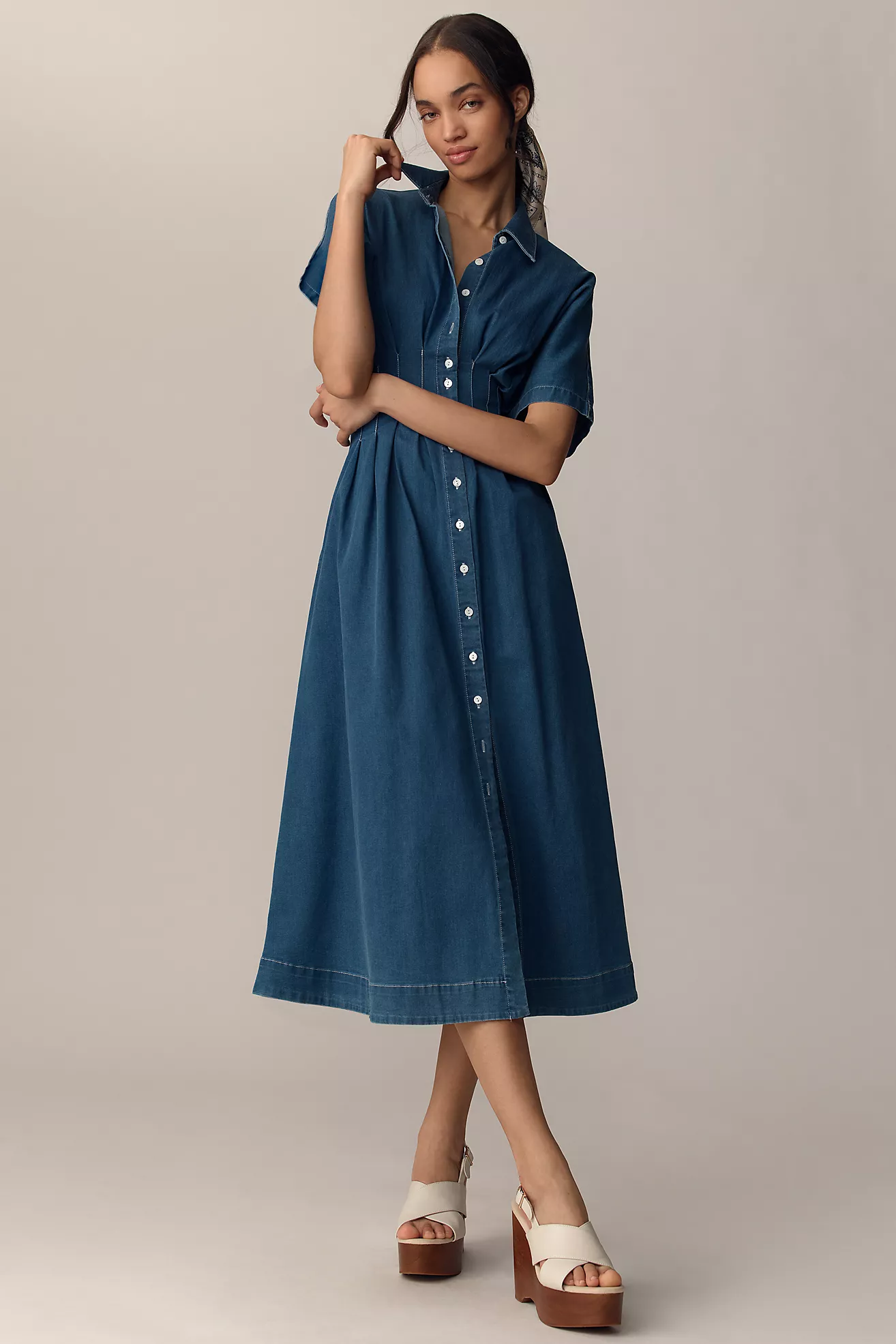 The Tobie Button-Front Pleated Shirt Dress by Exquise: Denim Edition