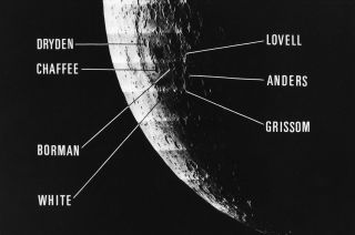 The moon's far side, with labels identify the craters named by the International Astronomical Union (IAU) for the Apollo 1 and Apollo 8 crew members in 1970.