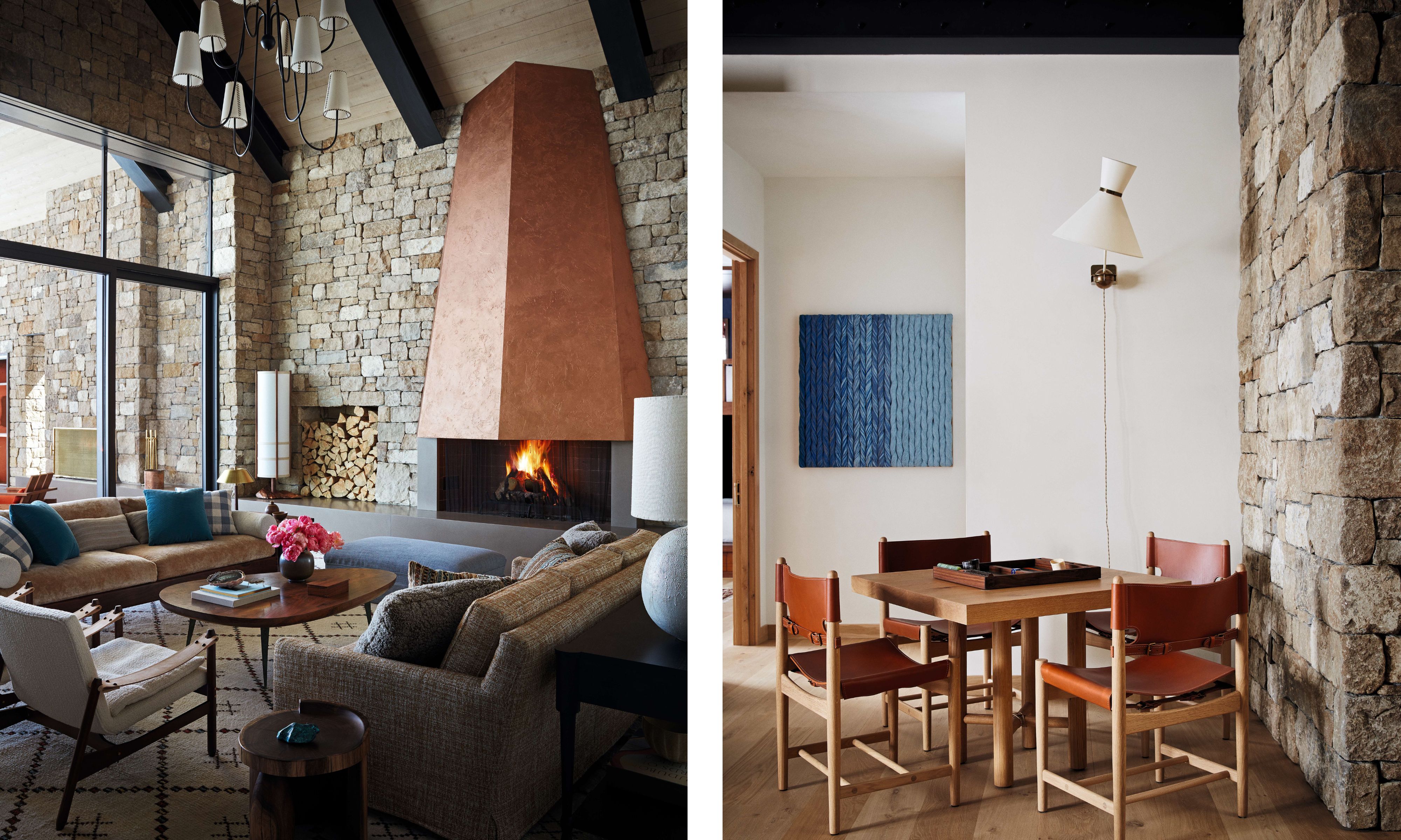 Split image: Left: A spacious, rustic living room featuring a towering copper fireplace, stone walls, large windows, and contemporary neutral-toned furniture. Right: A simple dining area with a wooden table, four leather chairs, and a white wall with a decorative blue gradient painting and a stone wall.