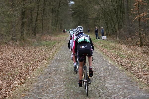 The lead group works its way through the forest which contains the pave