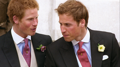 Princes Harry (left) and William after the wedding of their father, Prince Charles, to his second wife, Camilla Parker Bowles, at Windsor Guildhall, Berkshire, 9th April 2005.